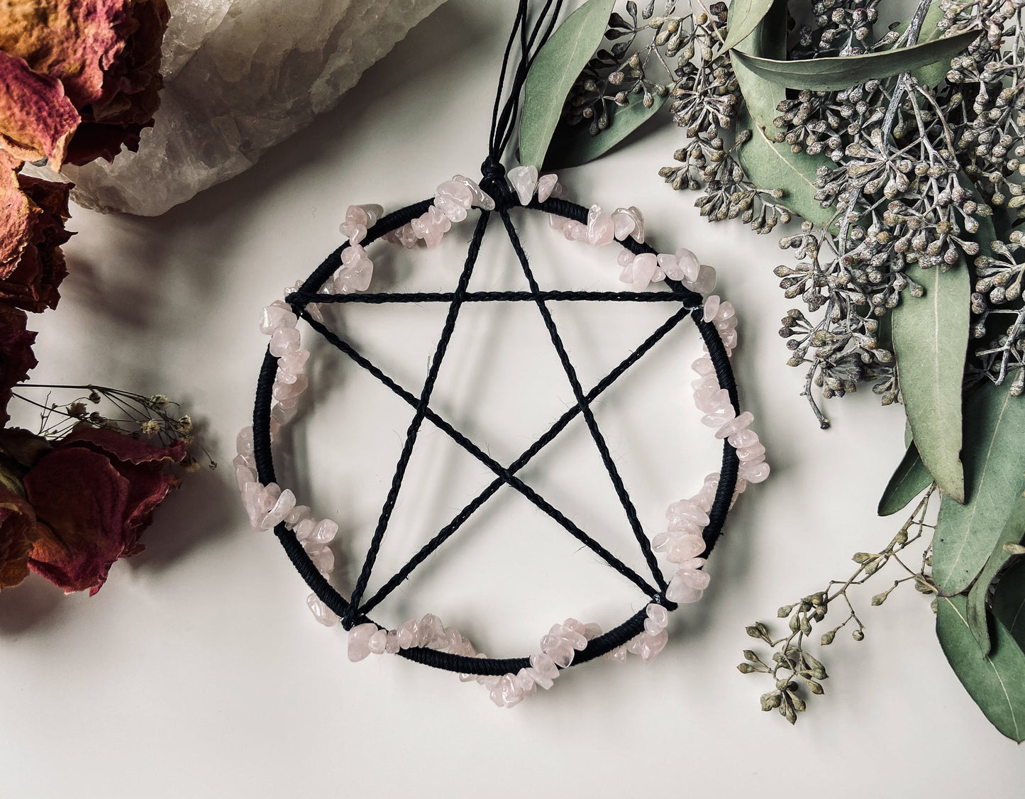 Black Pentacle with Rose Quartz Crystals