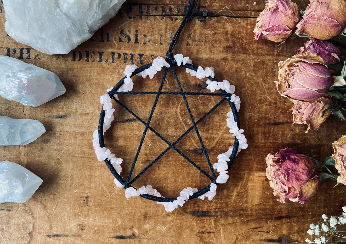 Boho Pentacle Wall Hanging. A witchy rose quartz crystal pentacle.