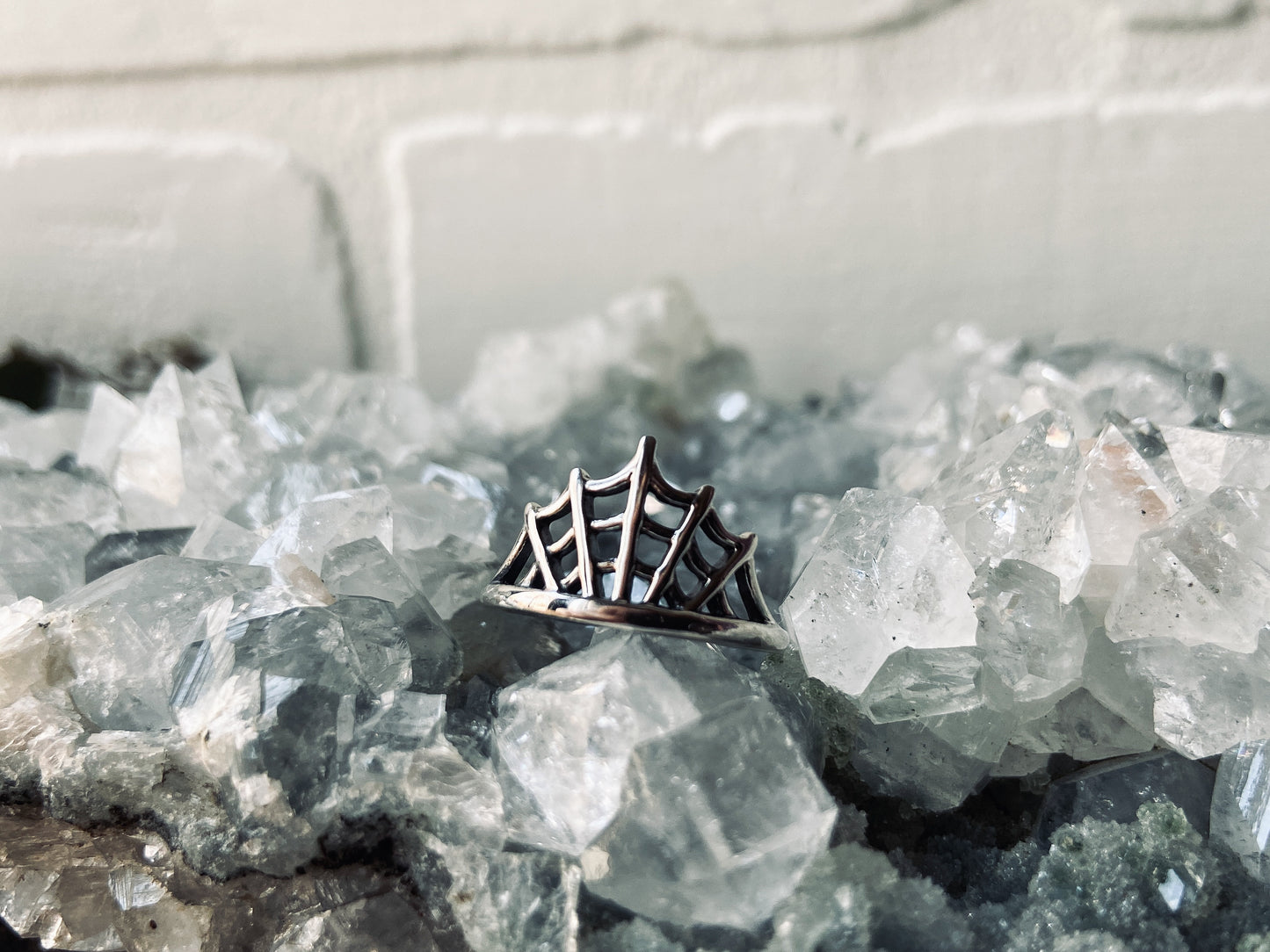 Sterling Silver Spider Web Ring on crystals.