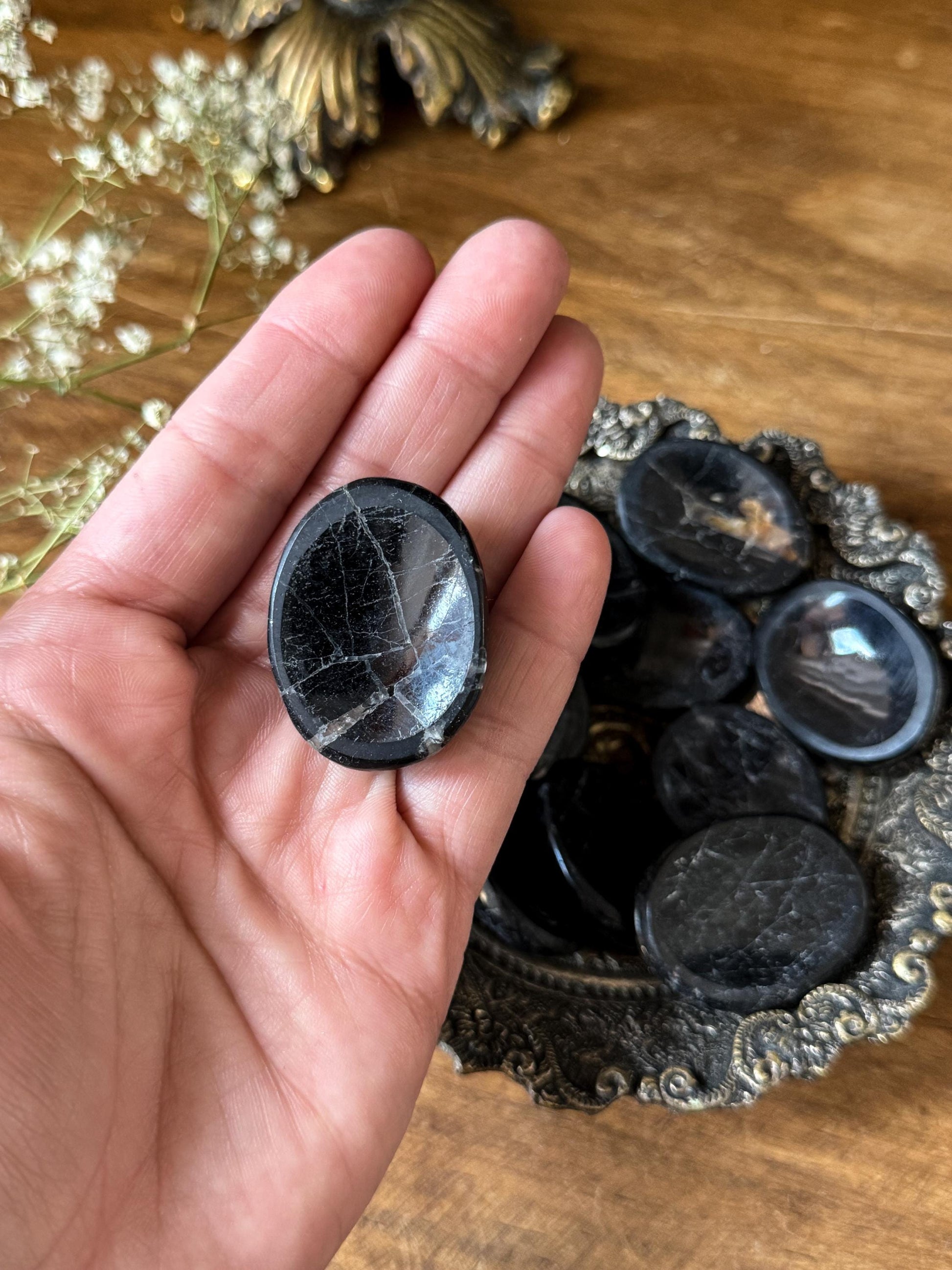 gorgeous Black Tourmaline Worry Stones with quartz through out 