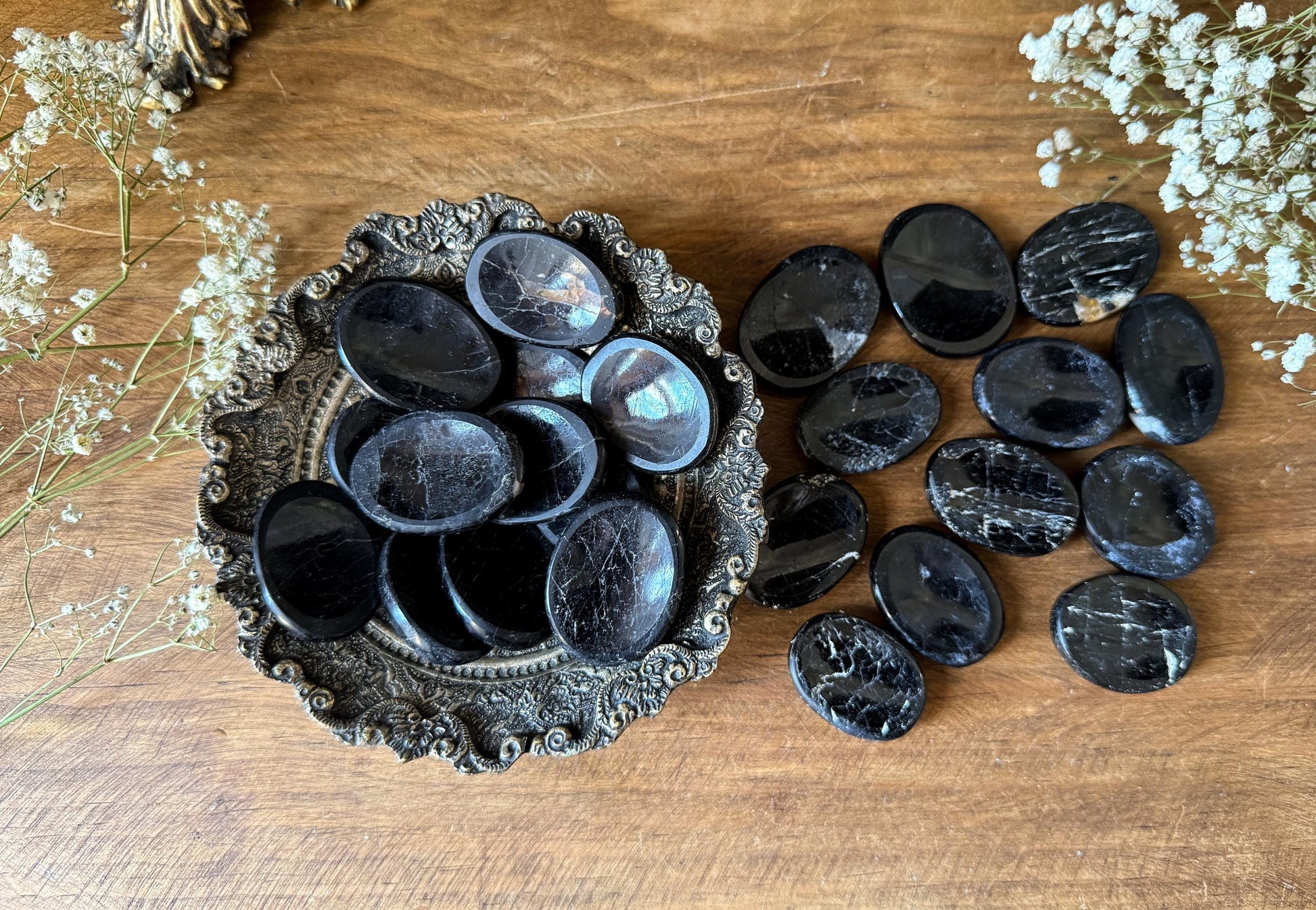 stunning Black Tourmaline with Quartz Worry Stones