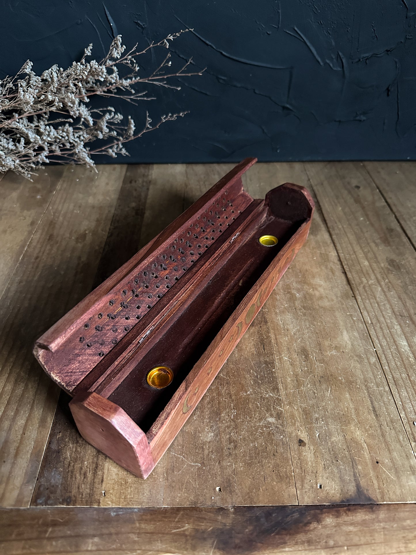 Wood Incense Burner with Brass Inlay