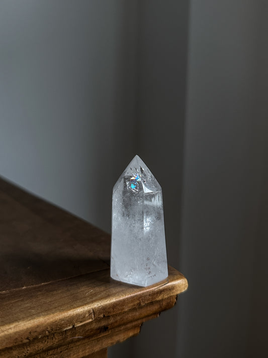 Clear Quartz Tower with Rainbow Inclusions. 