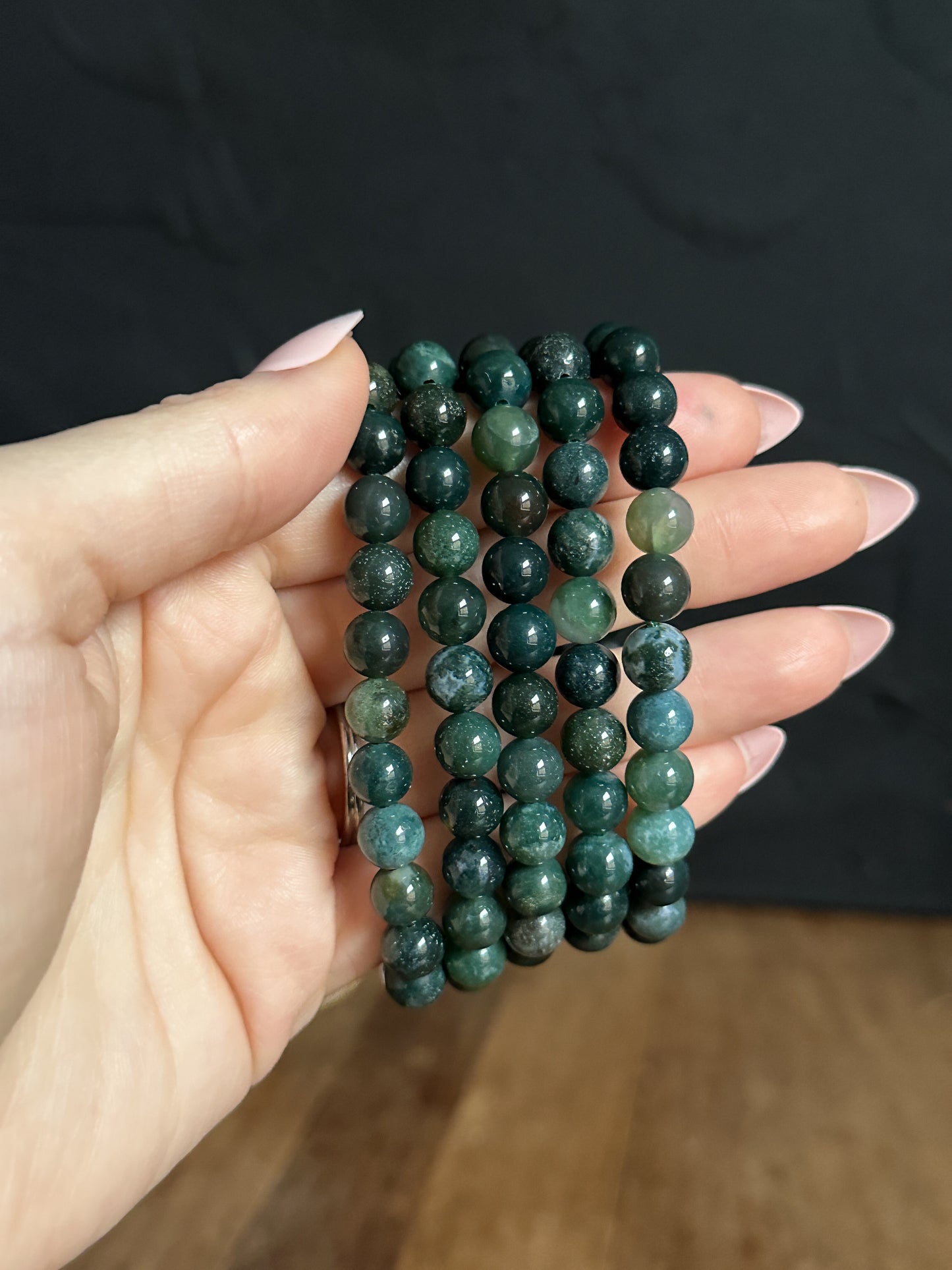 It is a perfect way to carry your favourite healing crystal/gemstone with you all day long! This bracelet is perfect by itself or even stacked with others. These are The Stone Maidens 8mm Moss Agate Bracelet 