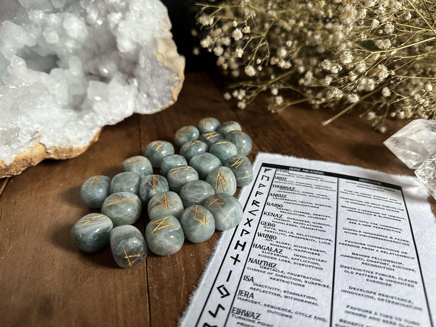 Aquamarine Rune set, each stone delicately carved with runic symbols, perfect for divination and spiritual practice