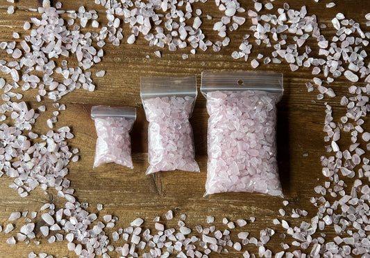 These Rose Quartz Crystal Chips are great for candle making, crafts, resin jewelry, or to place in jars upon your altar. You could even scatter these Chips in your terrariums!