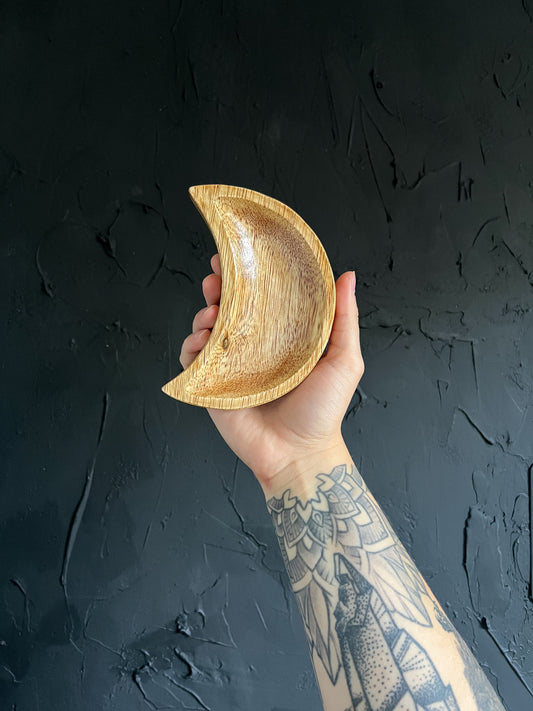 Wood Moon-shaped dish perfect for holding small items or adding a touch of rustic charm to your home decor.