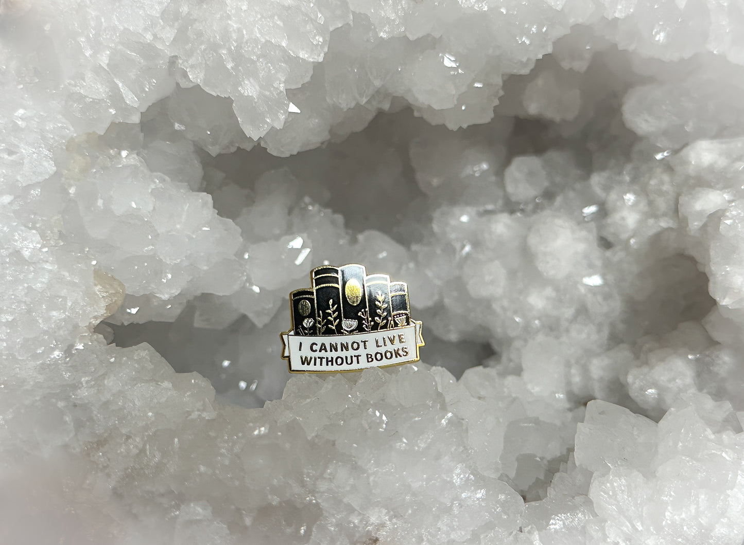 I Cannot Live Without Books Enamel Pin close up shot 