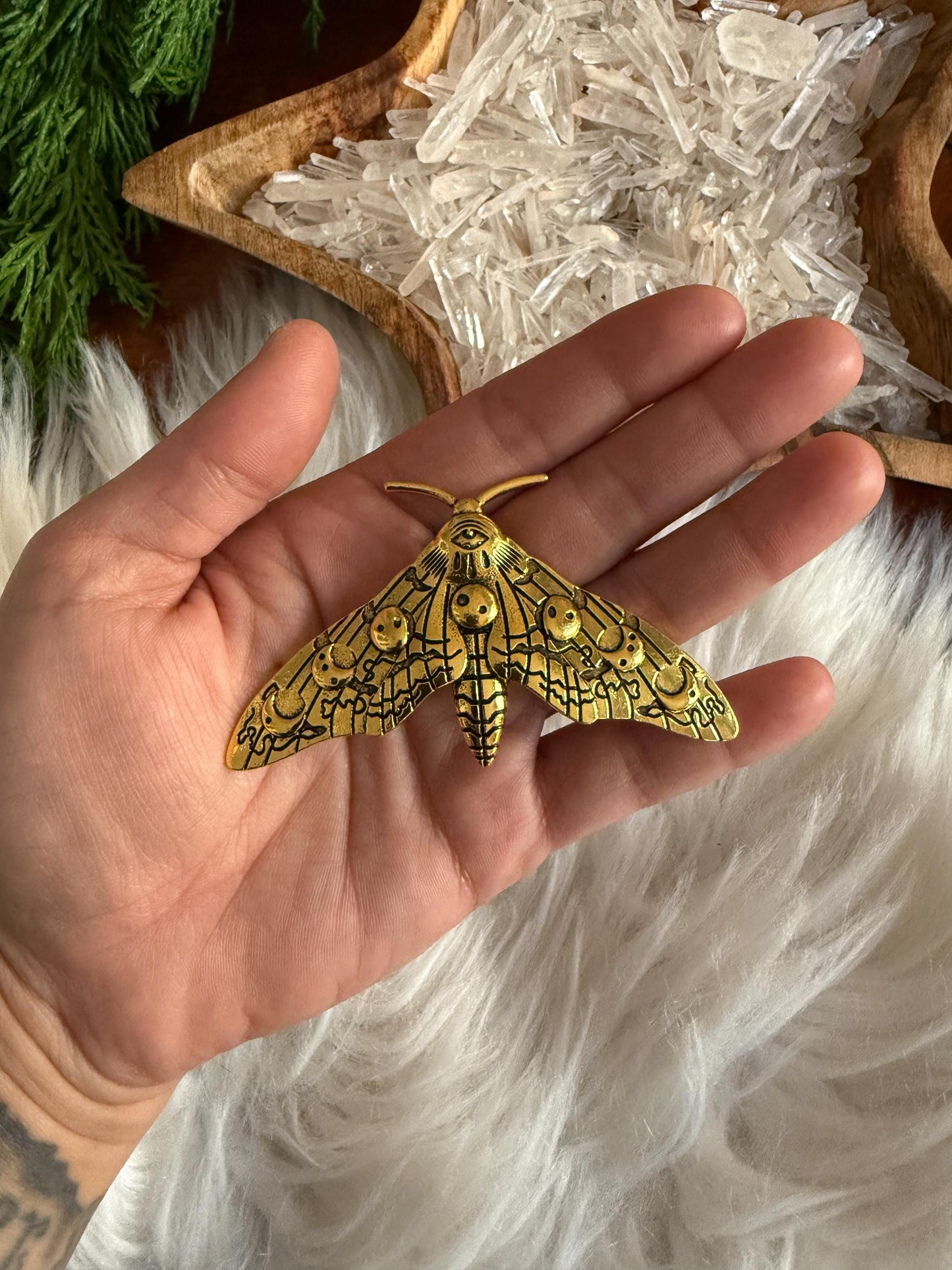 Large Brass Moon Phases Moth Pin 