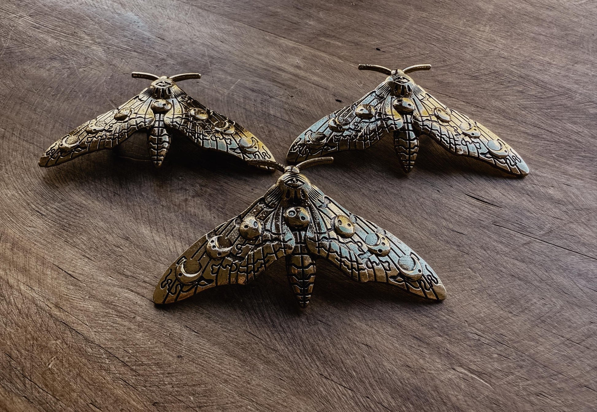 a moody shot of a group of Large Brass Moon Phases Moth Pins at The Stone Maidens
