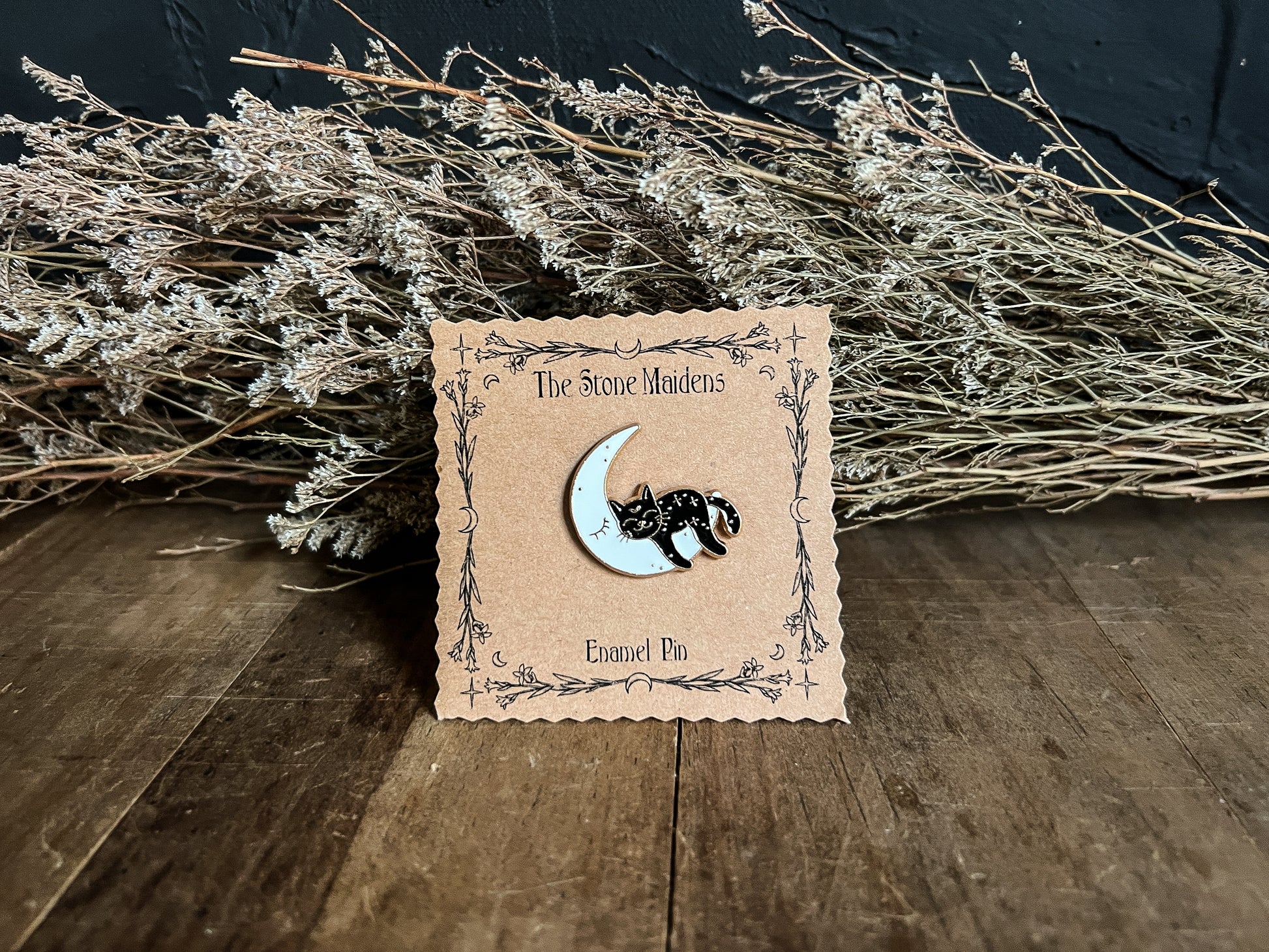 Really Cute Sleeping black cat on a white crescent moon enamel pin  