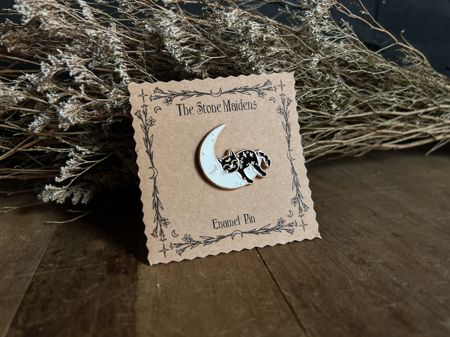 Moon and Sleeping Cat Enamel Pin. An adorable gift for kids or the cat lover in your life! Shop at The Stone Maidens