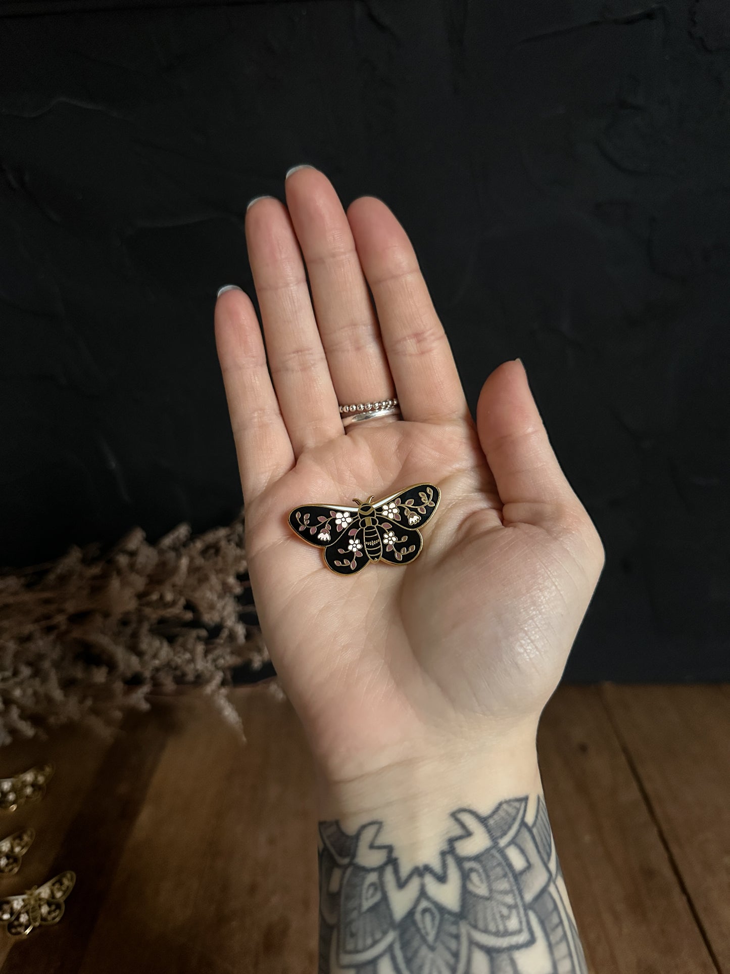 Moth with white Flowers Enamel Brooch at The Stone Maidens 