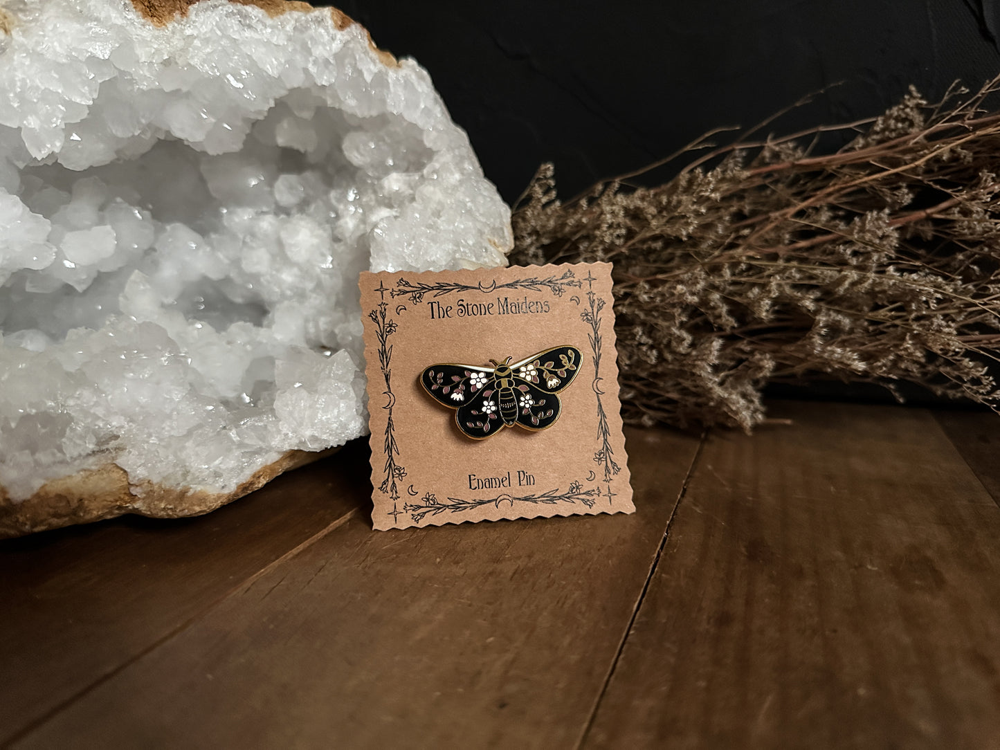 The Stone Maidens Moth with Flowers Enamel Brooch