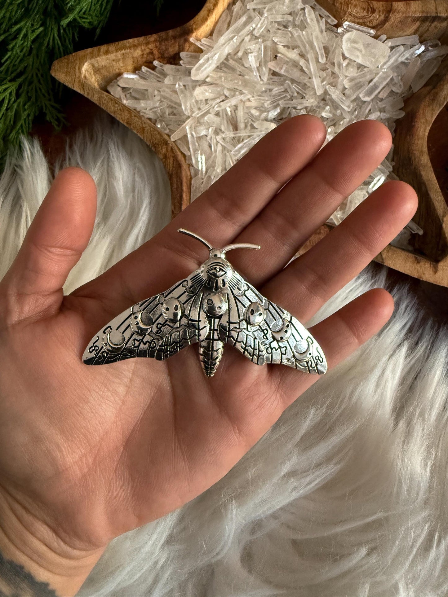 Large Silver Moon Phases Moth Pin