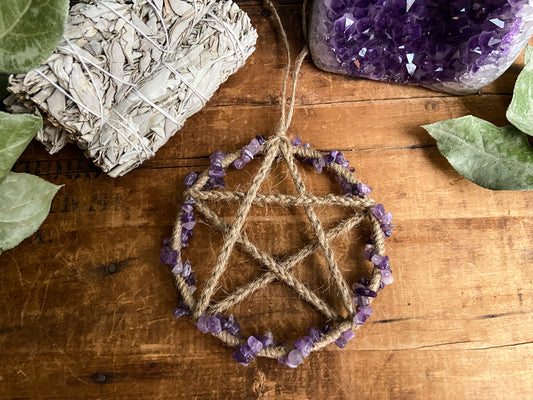 This beautiful Amethyst Pentacle Wall Hanging measures 5 inches offered at The Stone Maidens