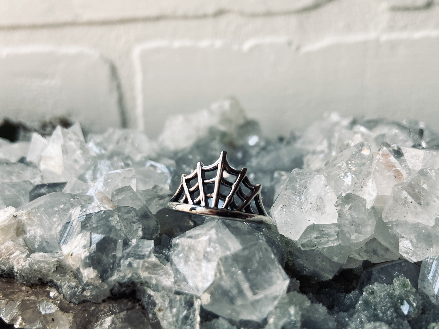 Sterling Silver Spider Web Ring on crystals. 